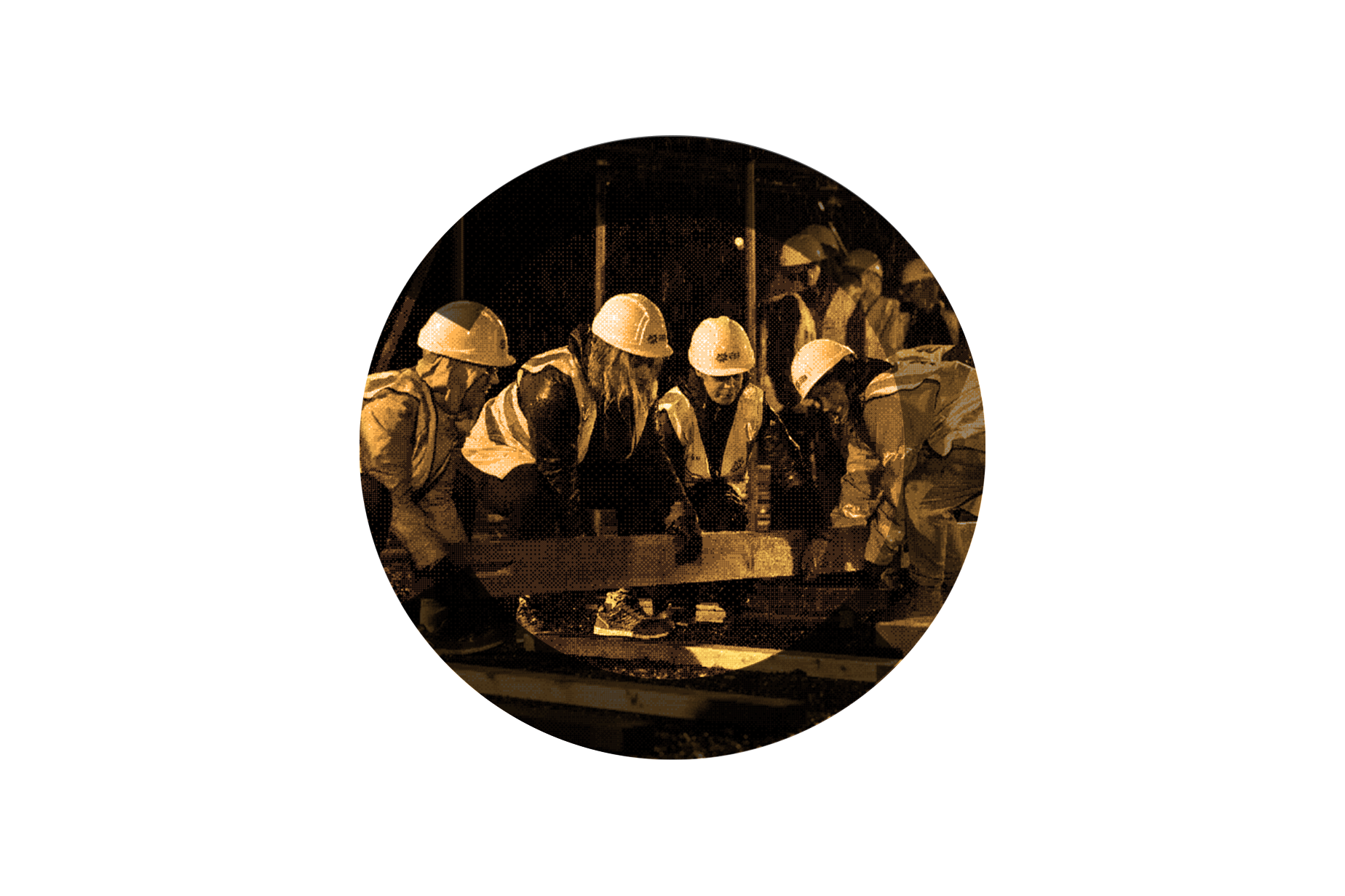 A group of construction workers wearing safety vests and helmets are working together at a construction site